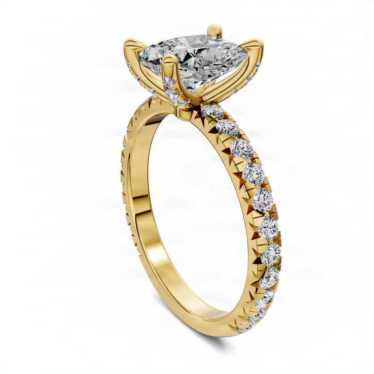 Gold cushion-cut ring with pavé stones on split shank