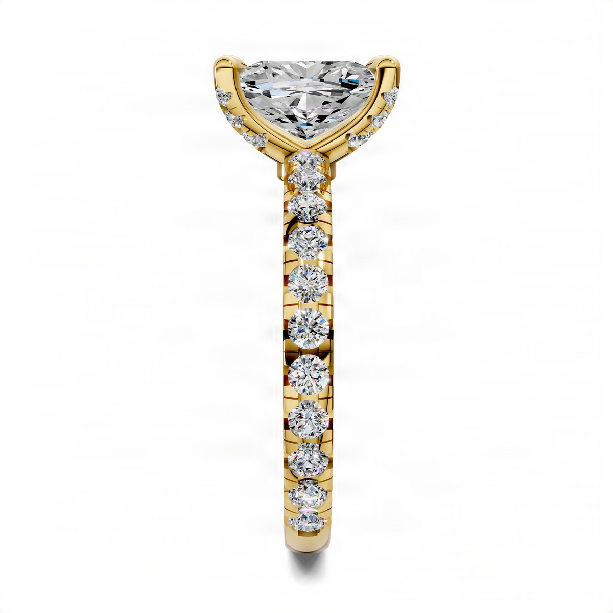 Opes cushion claw accent ring in yellow gold with pavé band