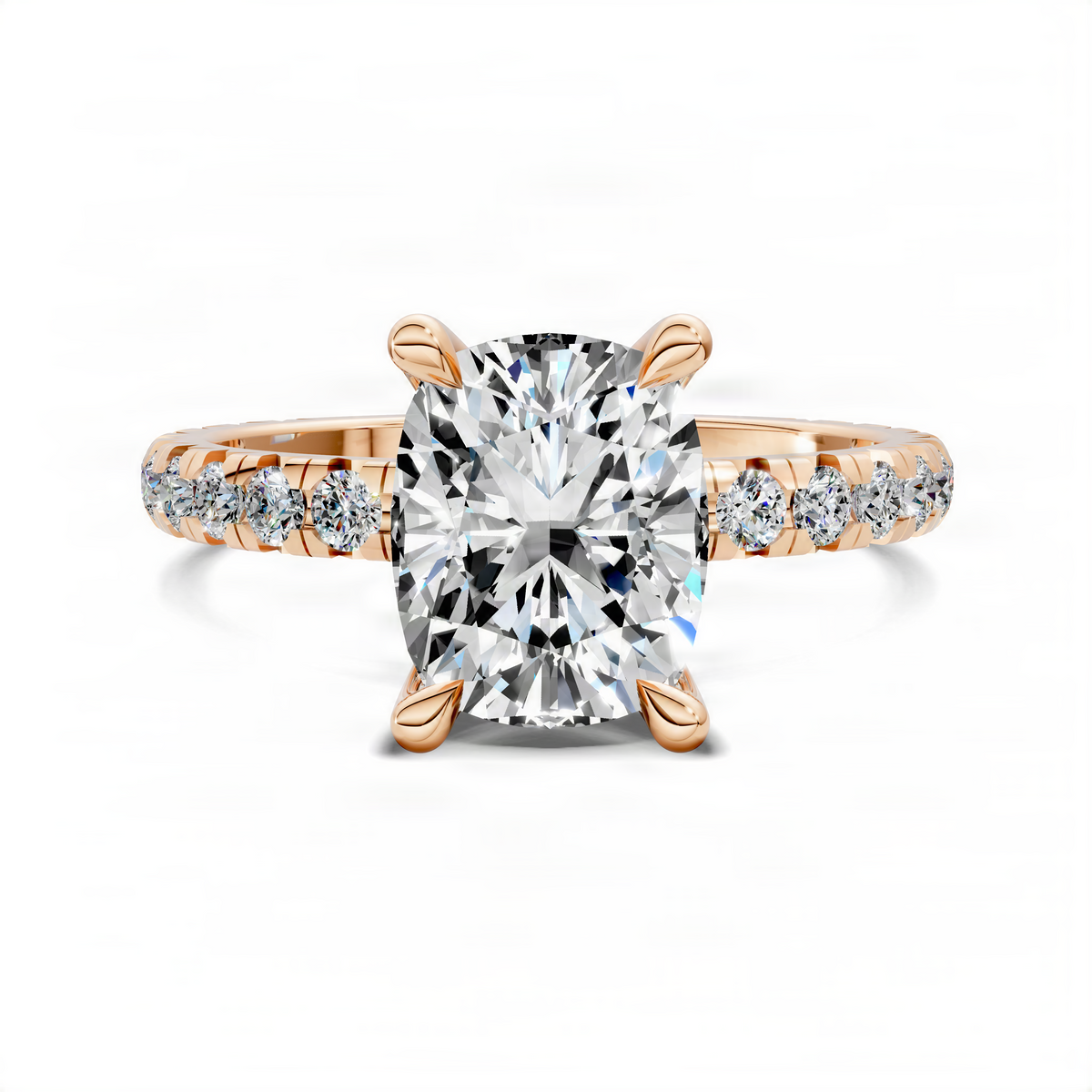 Rose gold cushion-cut claw accent ring with large center stone and pavé side stones