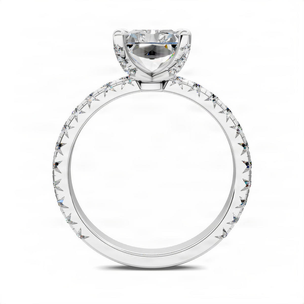 White metal claw accent ring with round center stone and pavé shoulders