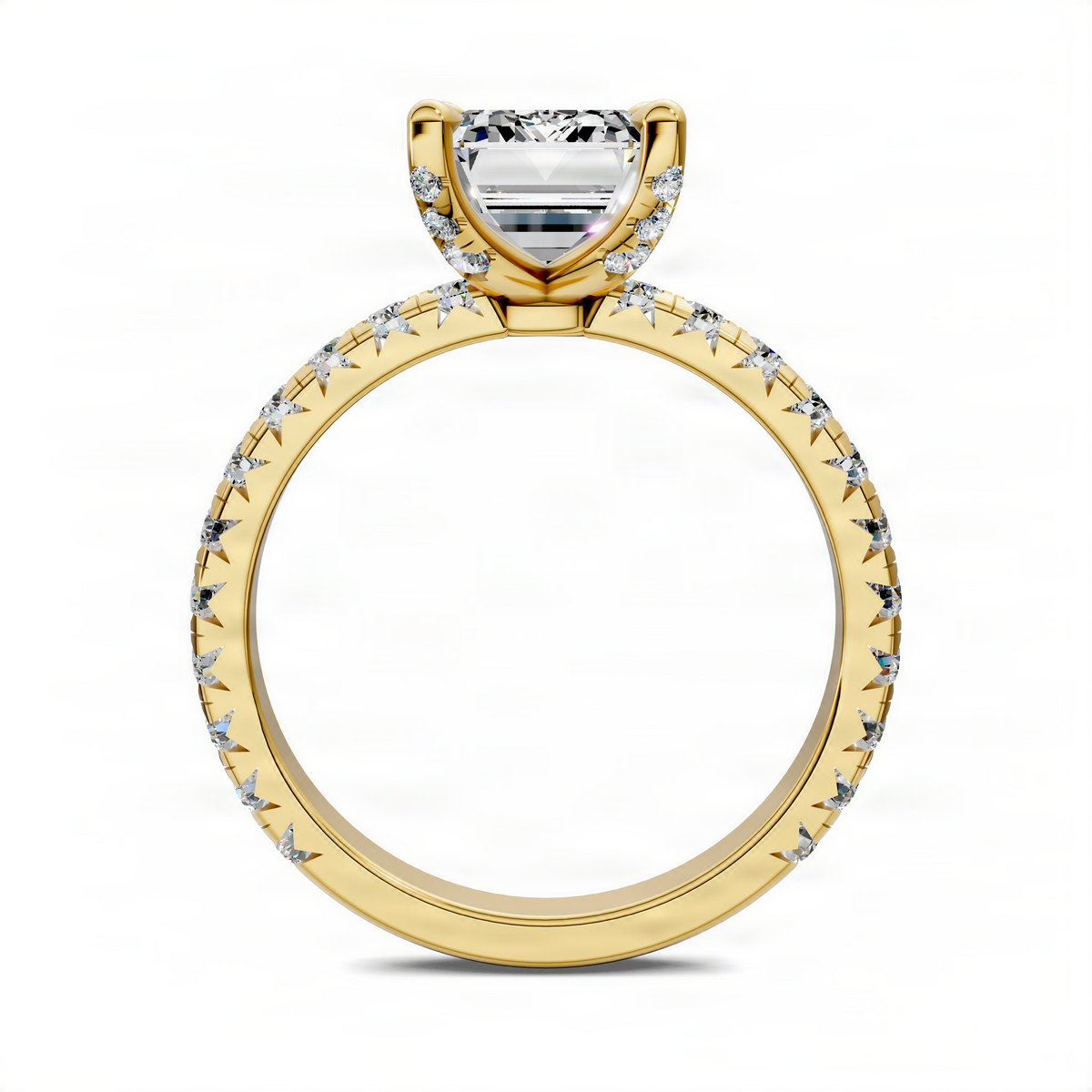Gold claw accent ring with raised clear center stone and halo of small stones