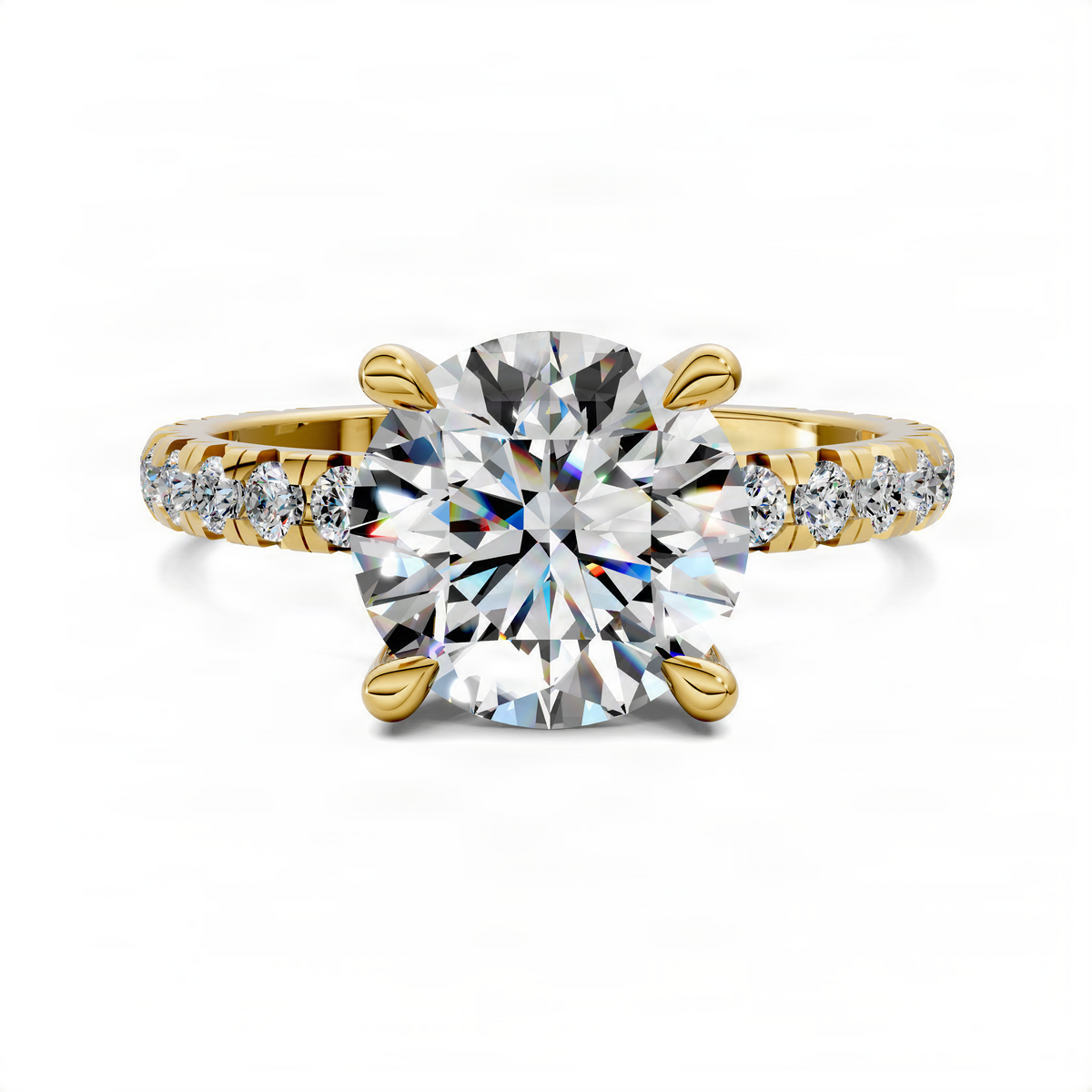 Round claw accent ring in yellow gold with large round center stone and pavé diamonds