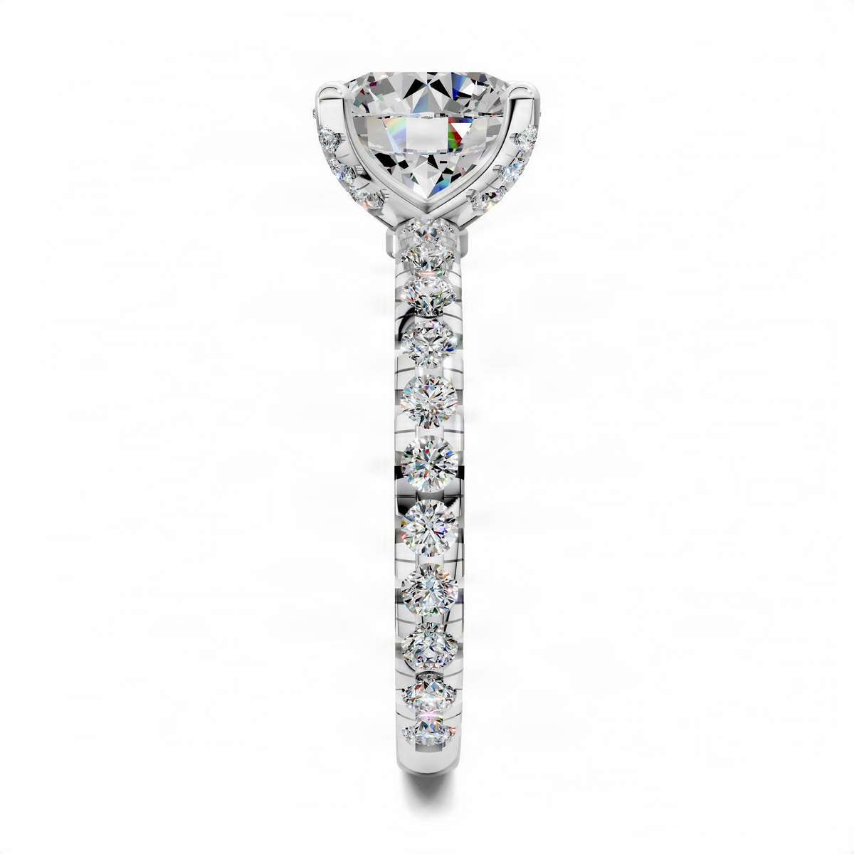 Platinum round claw accent ring with round center stone and pavé diamonds