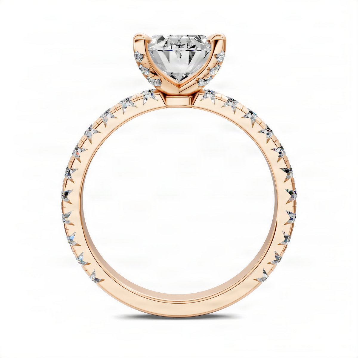 Rose gold oval claw accent ring with large oval center stone and halo-style pave band.