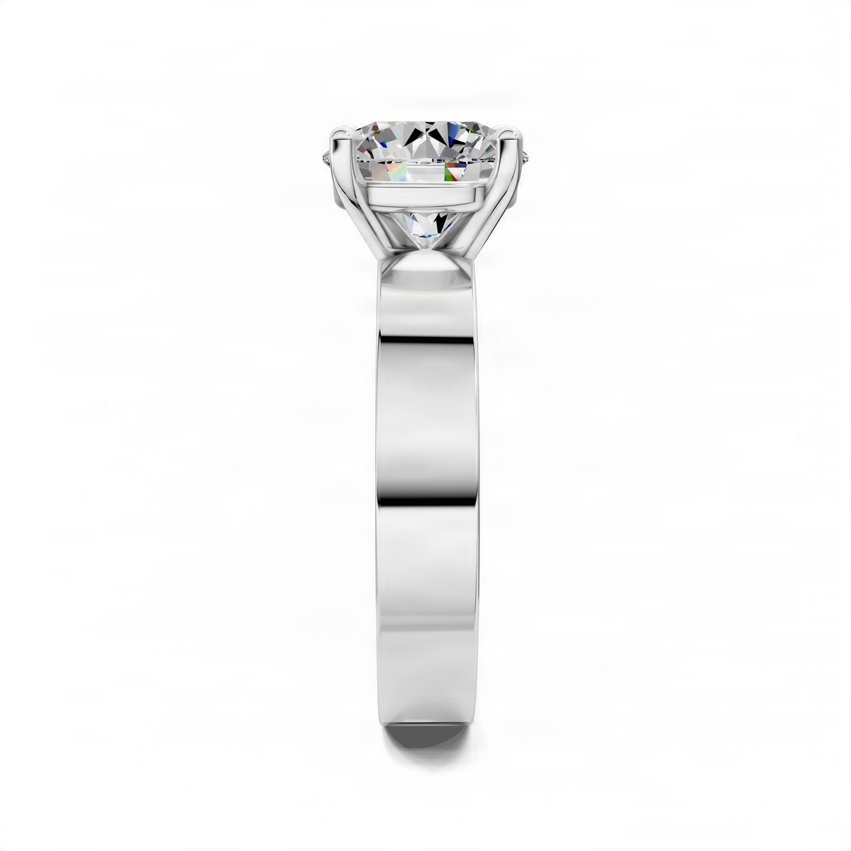 Round solitaire engagement ring with four-prong setting, white metal band