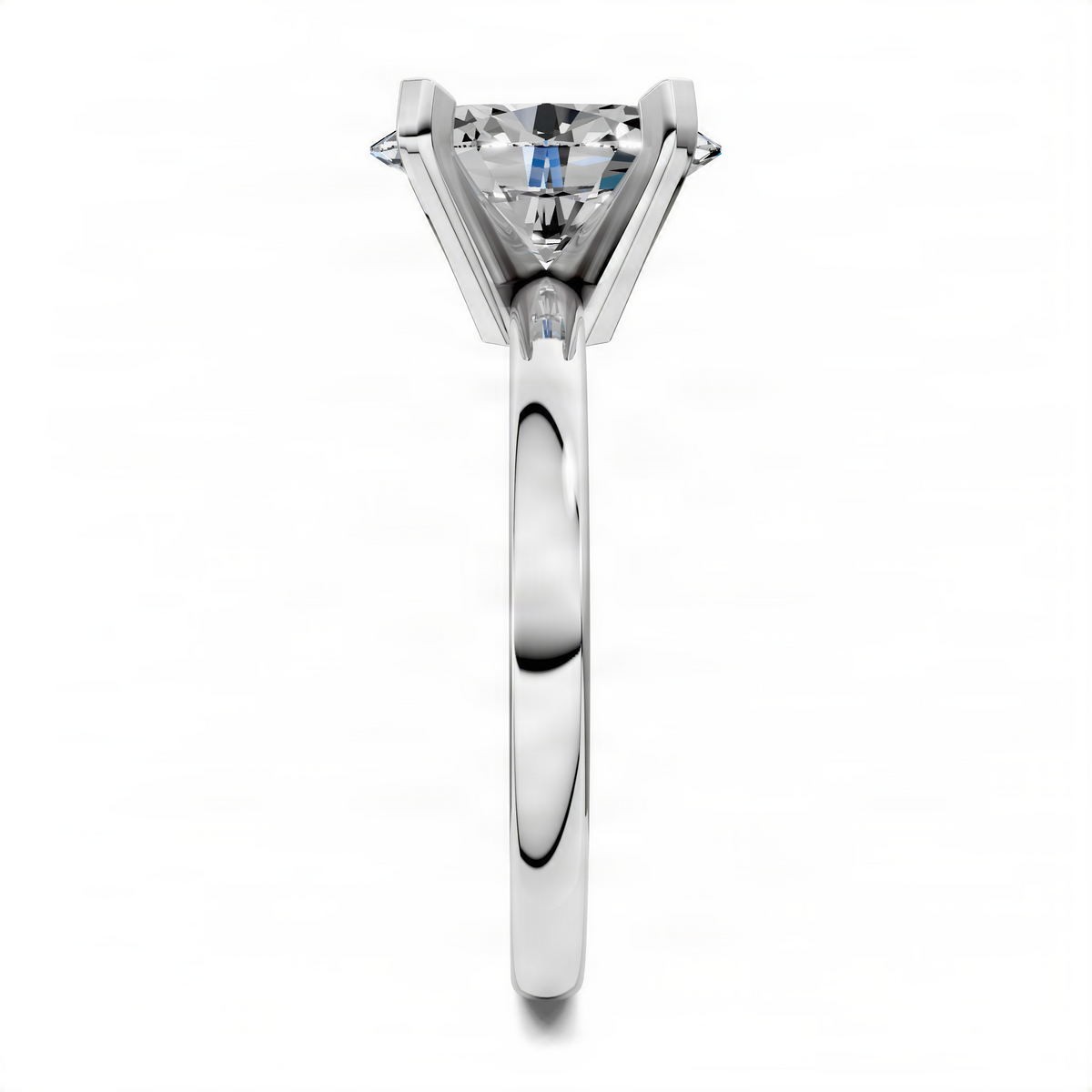 White gold oval center stone solitaire ring, narrow side angle view