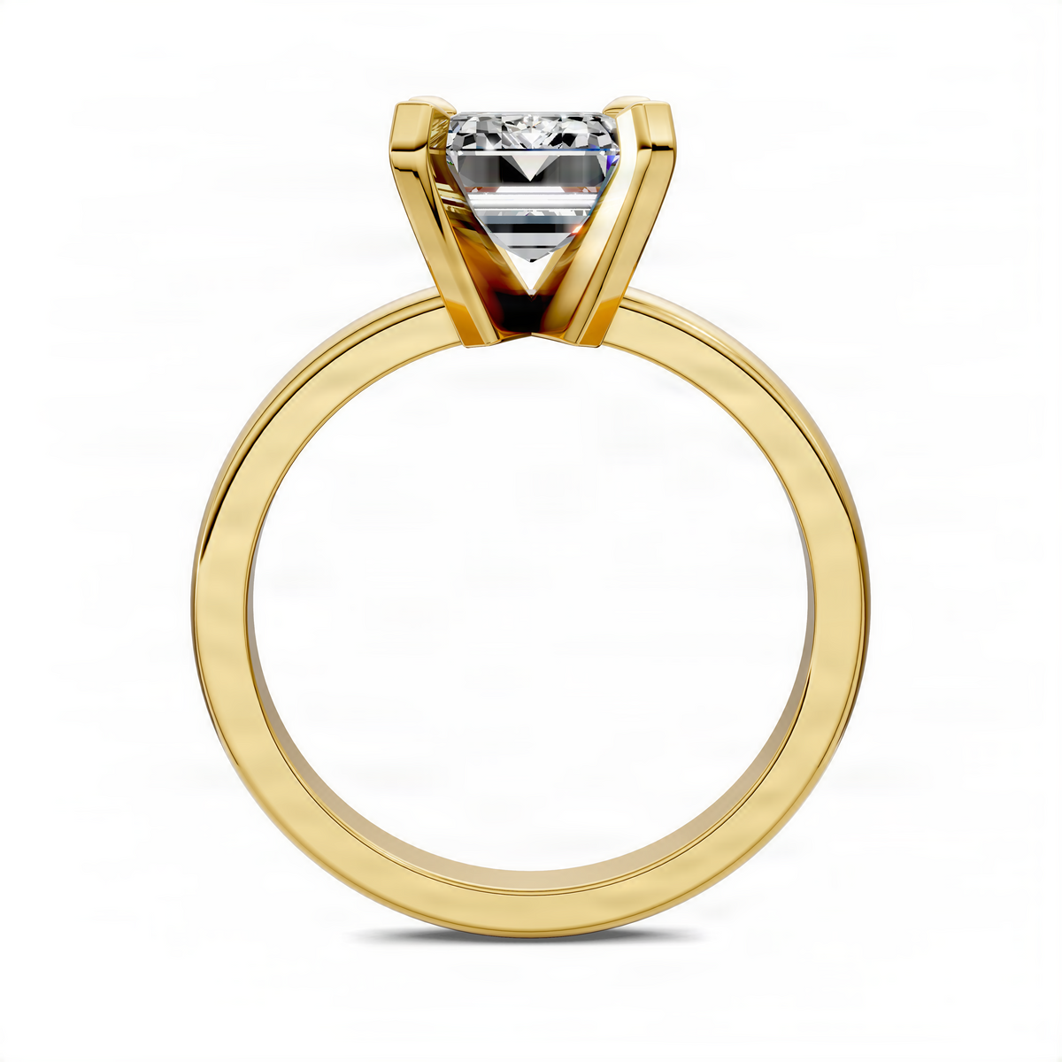Yellow gold solitaire ring with square-cut clear gemstone and four-prong setting