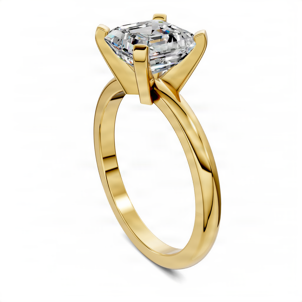 Yellow gold solitaire ring with Asscher-cut center stone and prong setting