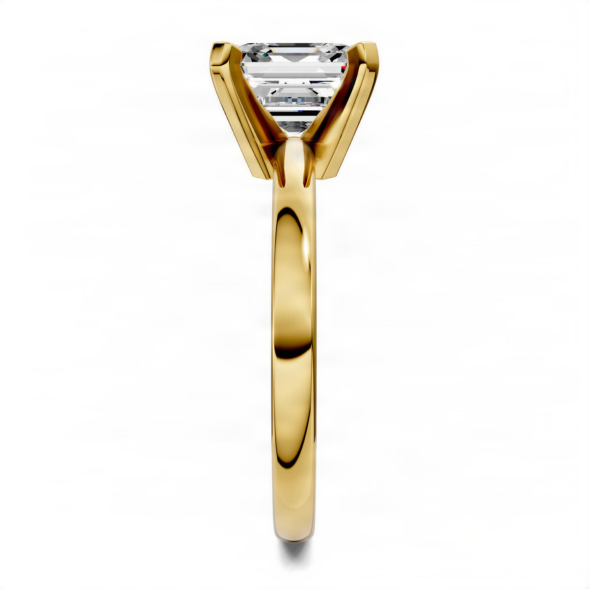 Yellow gold solitaire ring with Asscher-cut center stone in prong basket