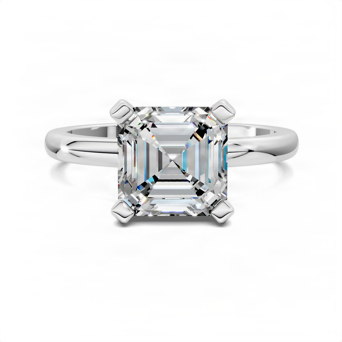 Platinum-tone solitaire ring with Asscher-cut center stone and four corner prongs