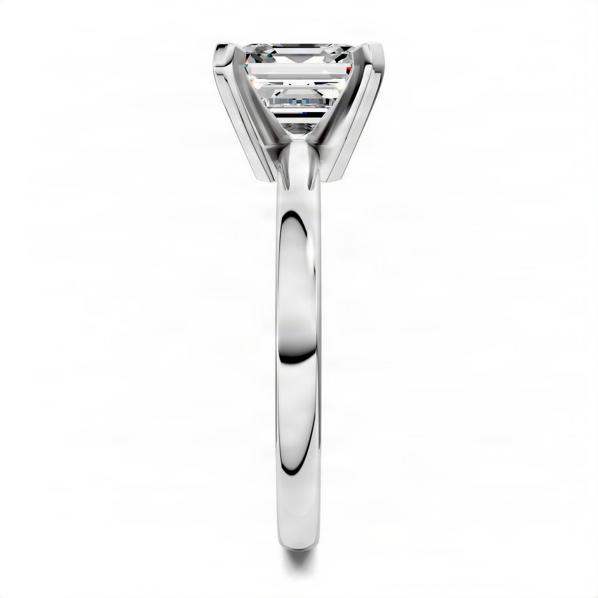 White gold solitaire ring with Asscher-cut center stone in a sculpted prong setting