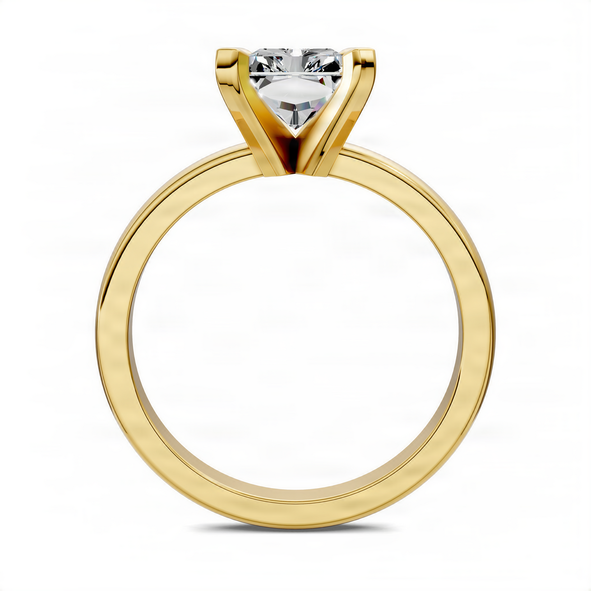 Yellow gold solitaire ring with radiant-cut center stone in four-prong setting