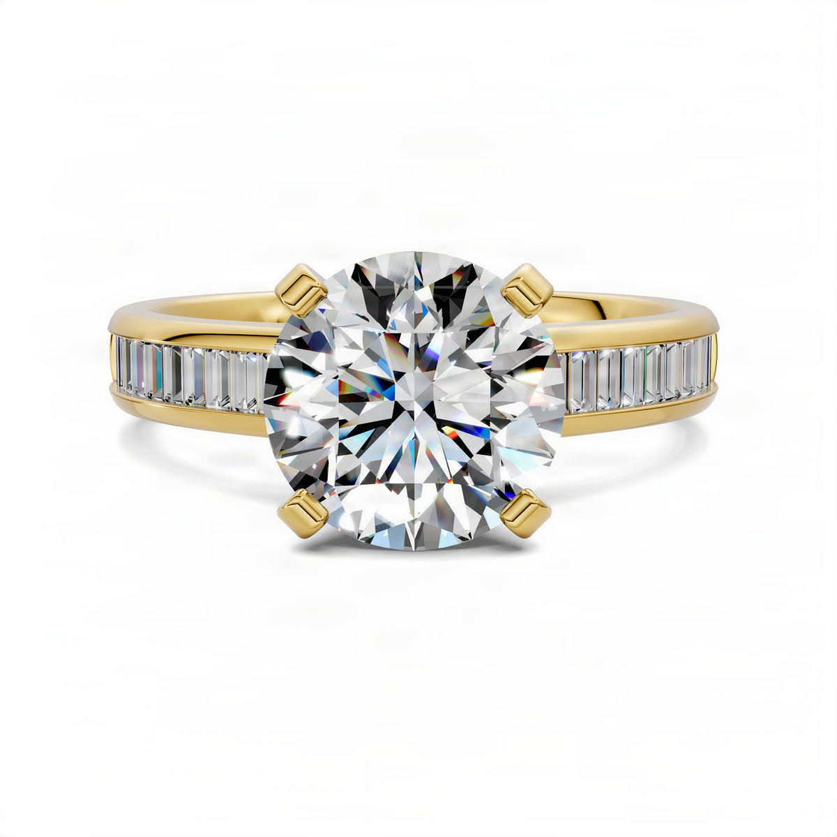 Two-tone yellow gold channel ring with round center diamond and baguette side stones