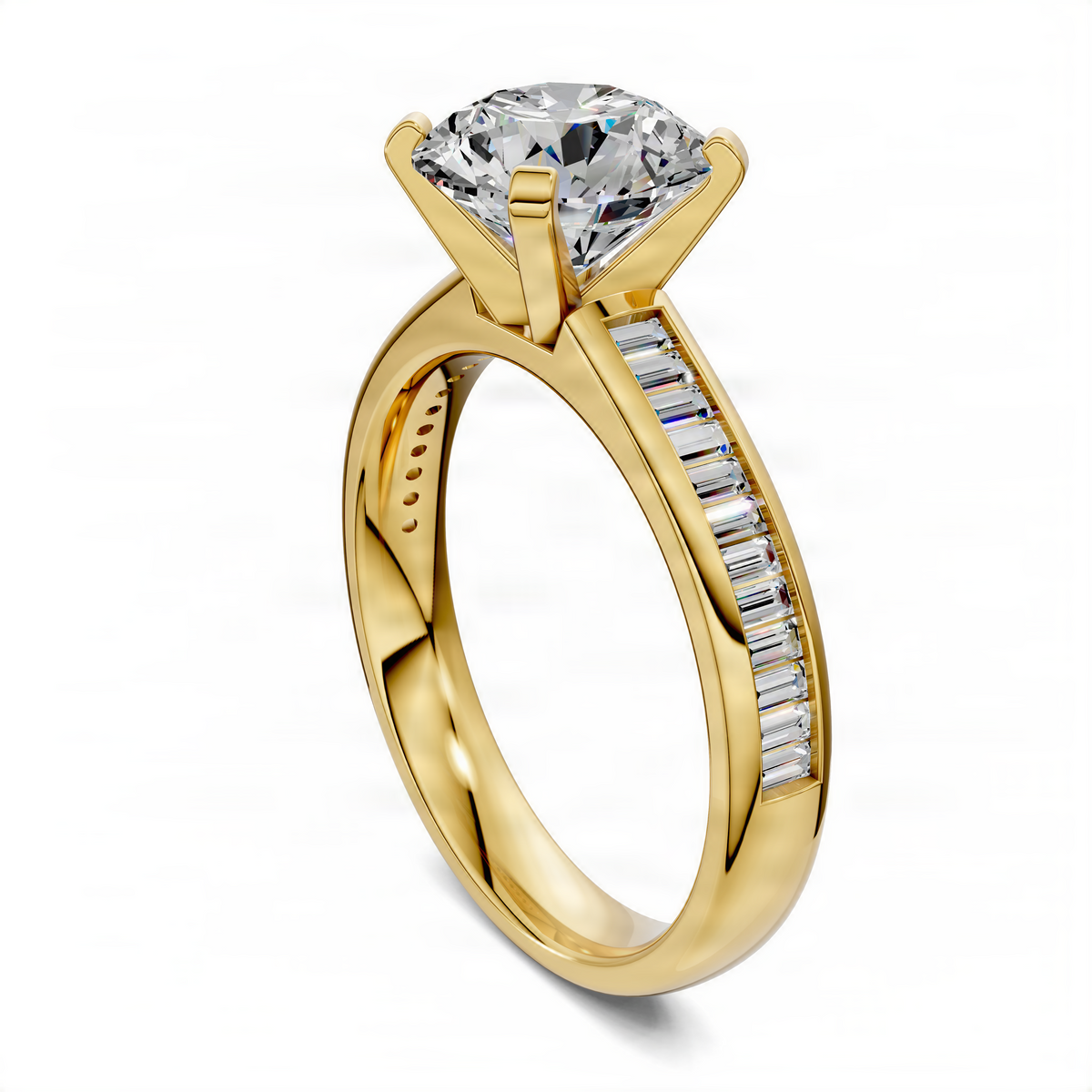 Yellow gold ring with round center diamond, baguette channel band, and prong details