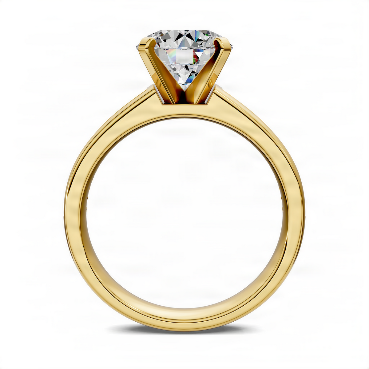 Gold channel ring with a triangular prong center diamond and smooth rounded band