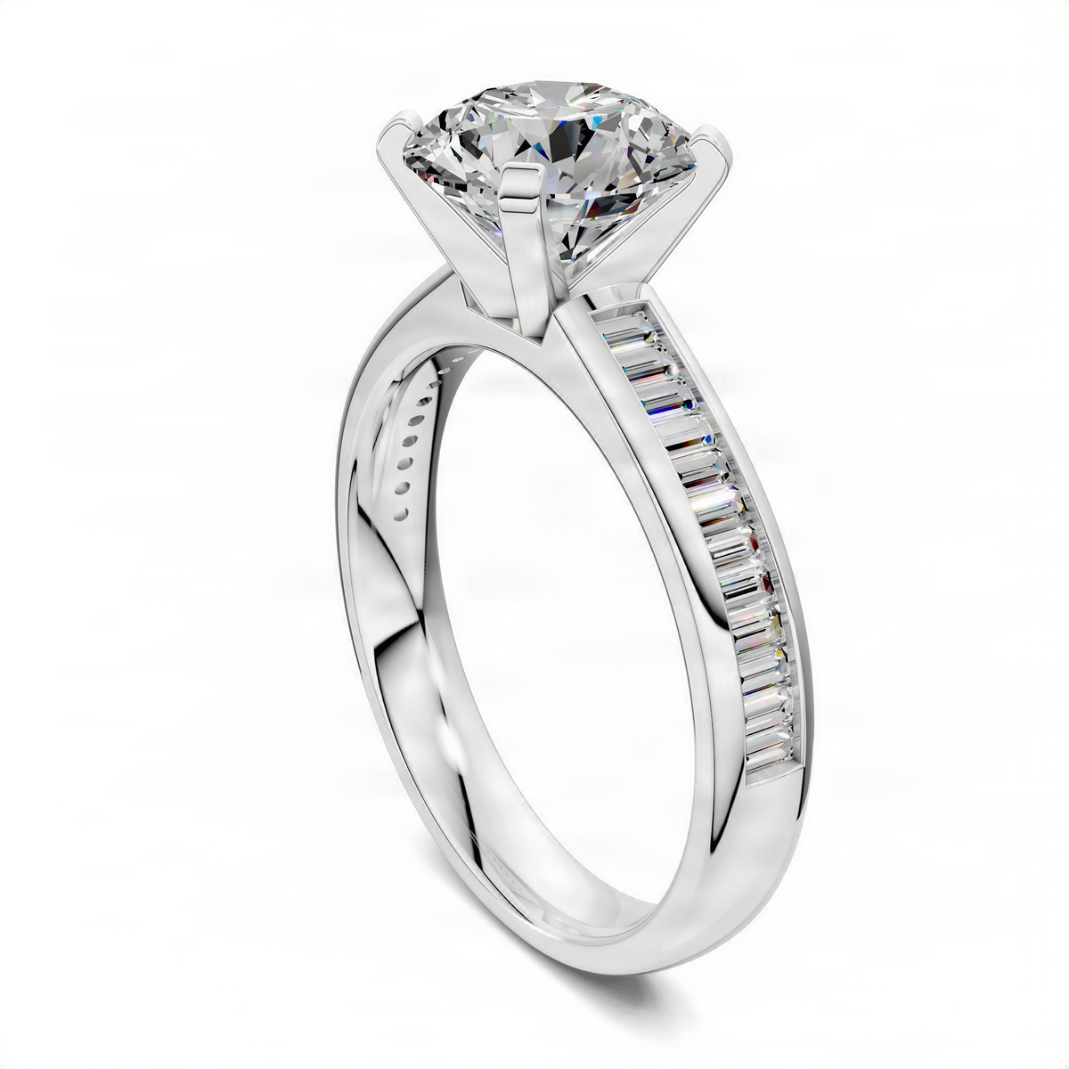 White metal ring with round center diamond and channel-set baguette side stones