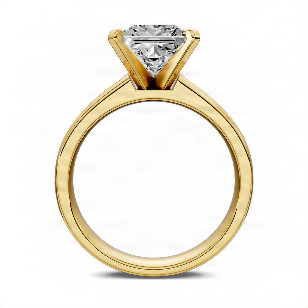 Princess-cut diamond baguette channel ring, yellow gold, side profile with center stone