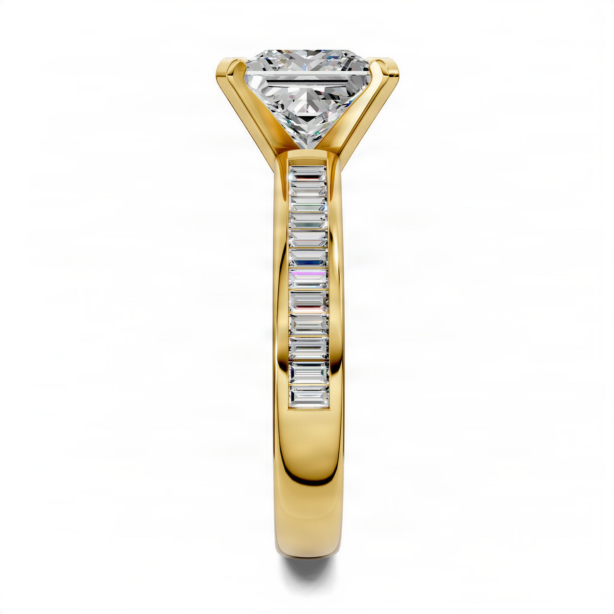 Gold princess-cut ring with baguette channel side stones and curved band