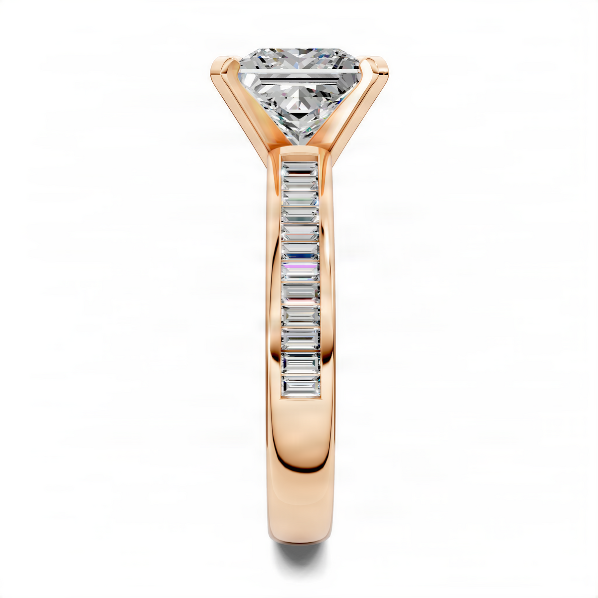 Princess-cut diamond baguette channel ring, rose gold, slim baguette channel shank