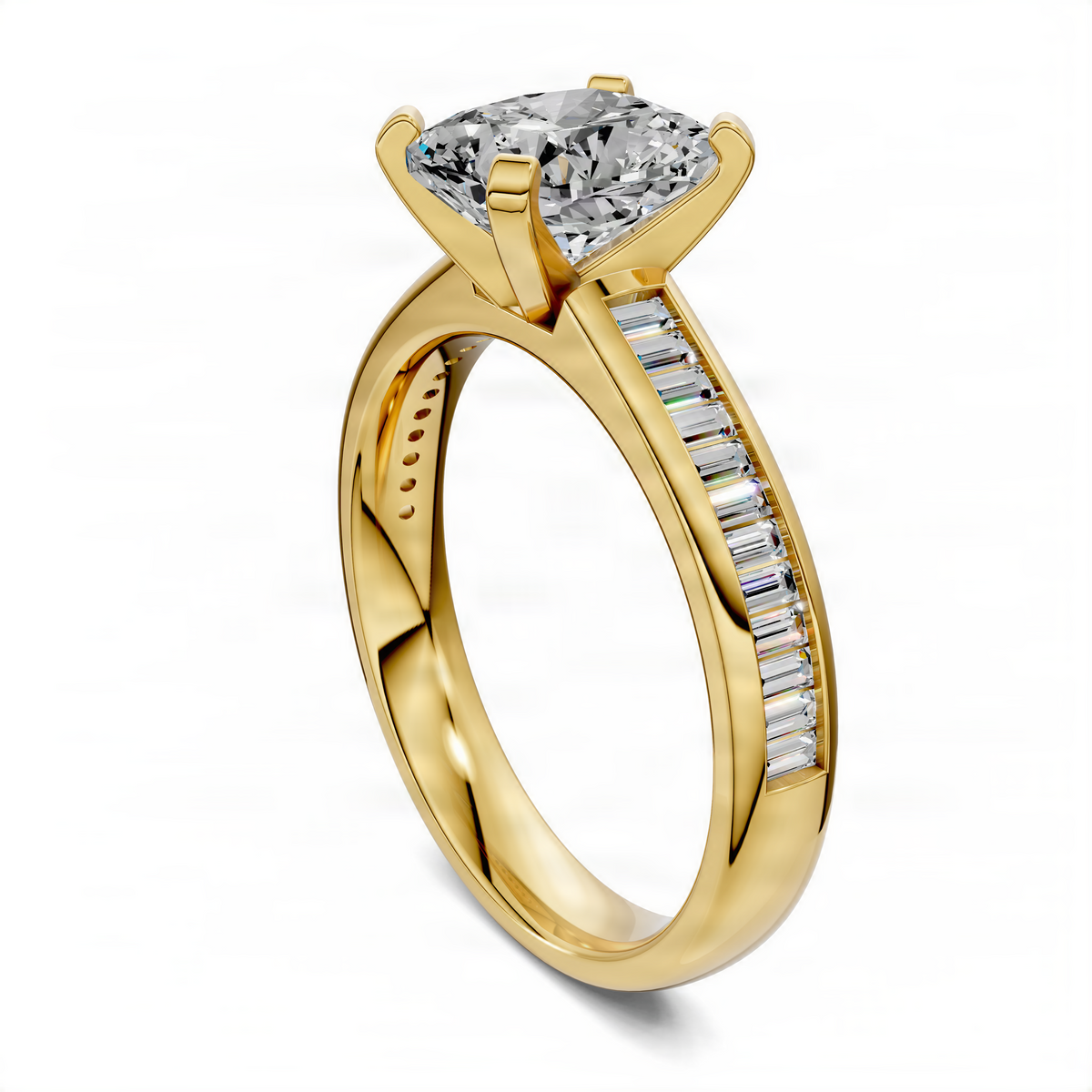 Yellow gold cushion ring with large square center stone and baguette channel sides