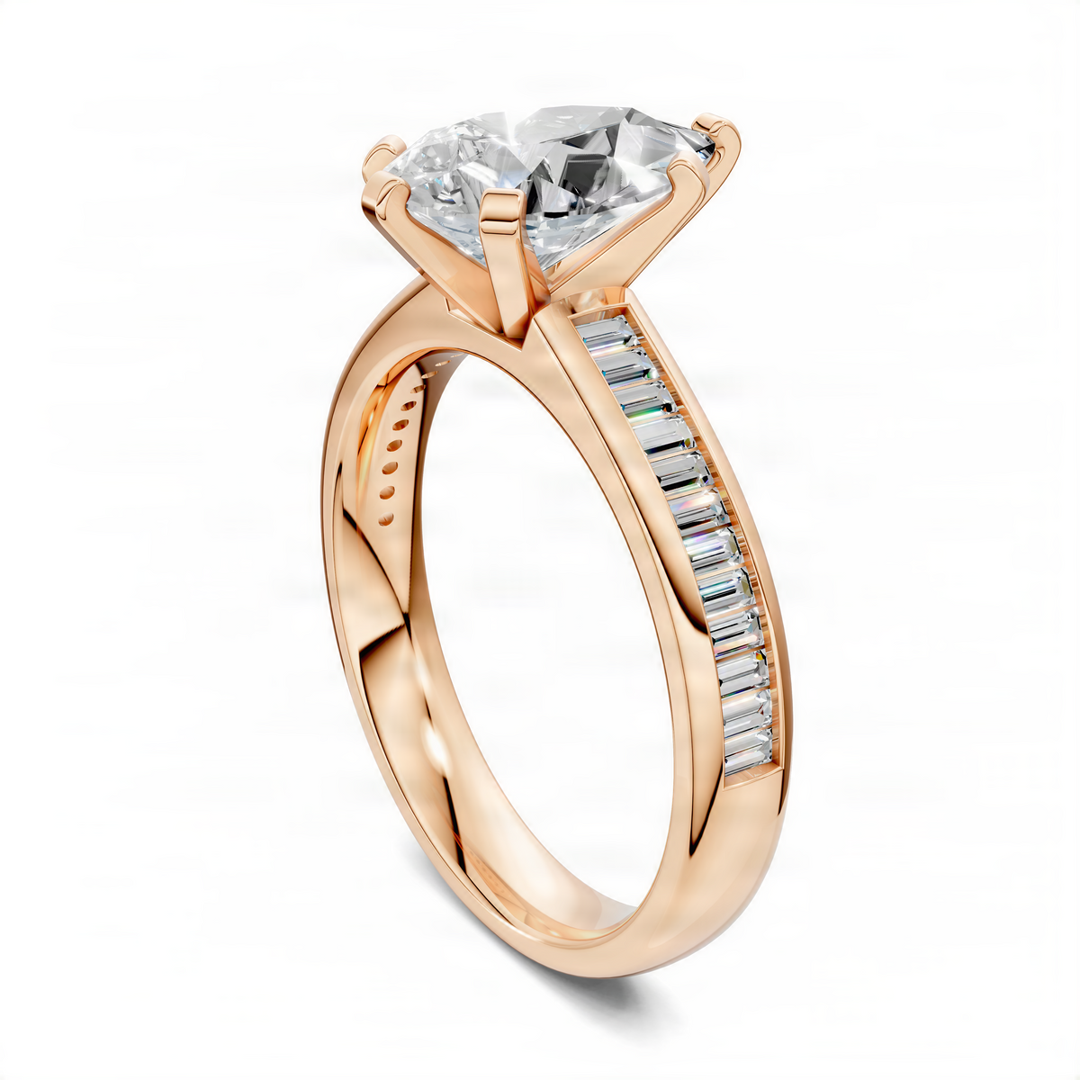 Rose gold oval center diamond ring with baguette channel-set side accents