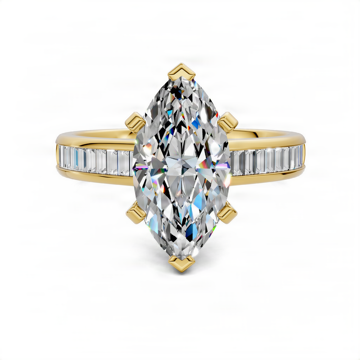 Yellow gold marquise center ring with baguette channel band and openwork shoulders