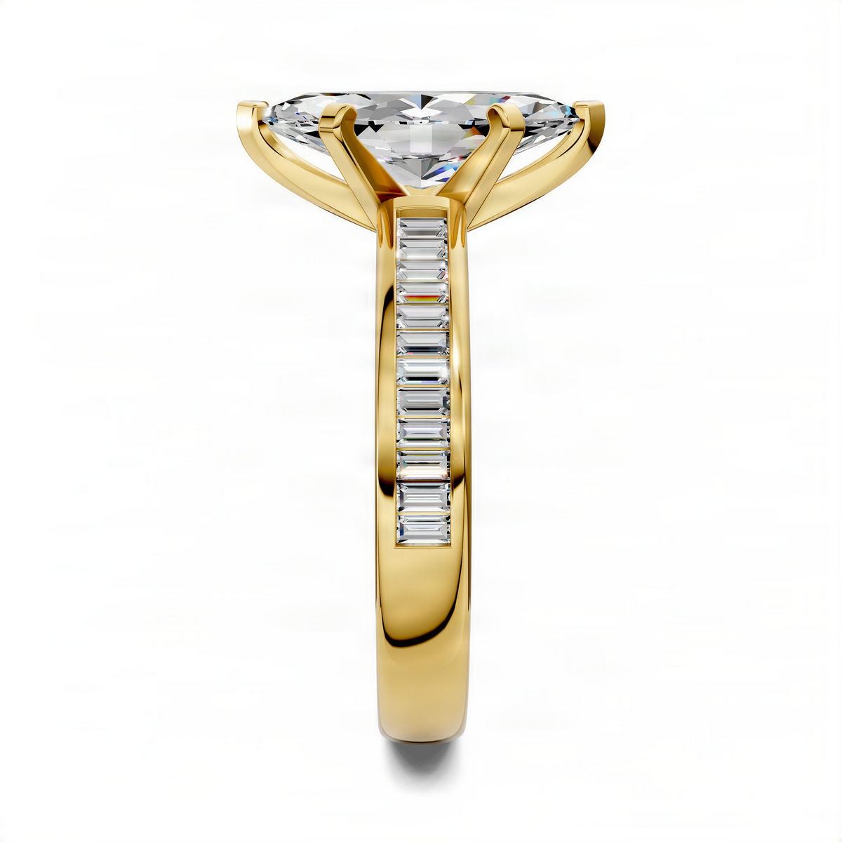 Yellow gold marquise center ring with baguette channel band and openwork shoulders