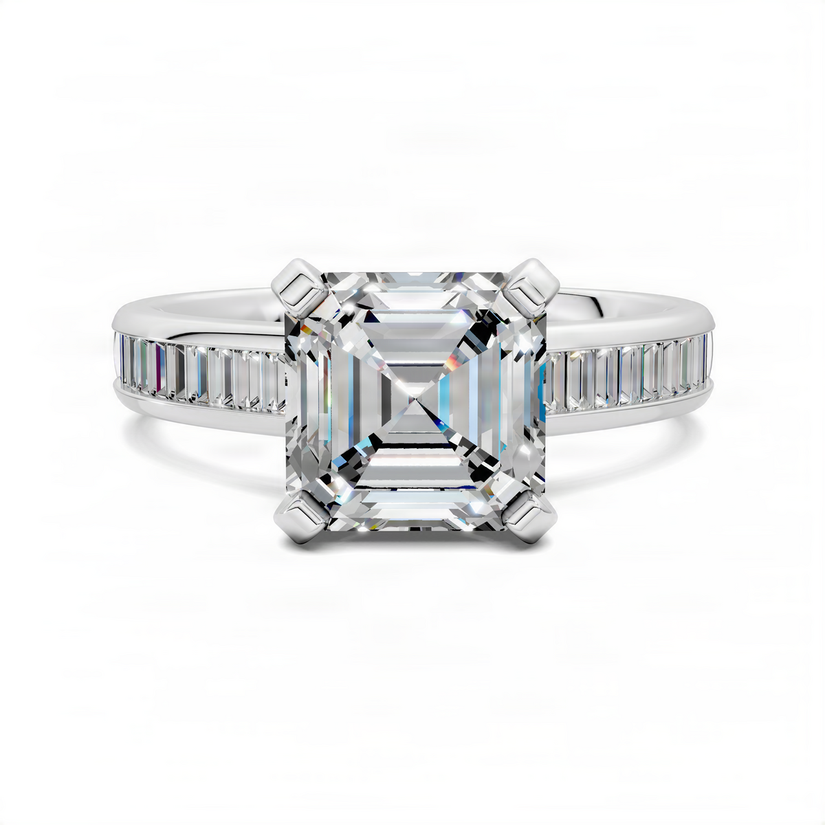 Asscher baguette channel ring with square center stone and white metal baguette sides
