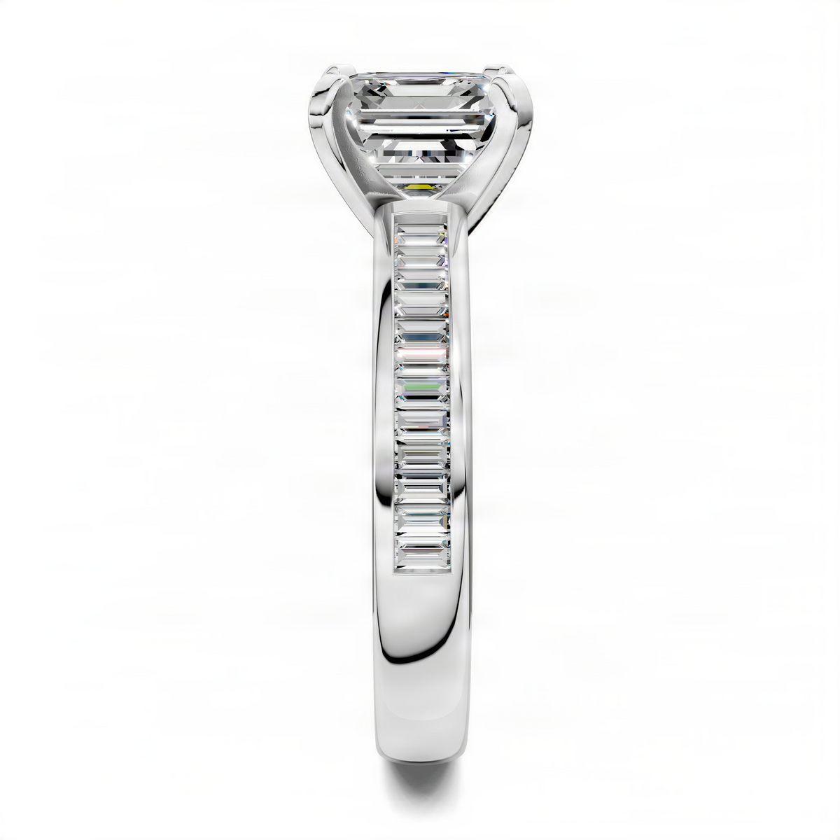 Asscher baguette channel ring in white metal with square center stone and baguettes