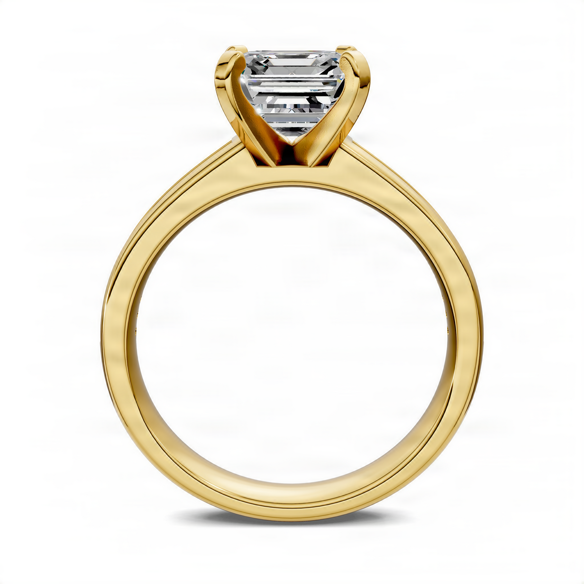 Asscher baguette channel ring in yellow gold with square center stone, angled view