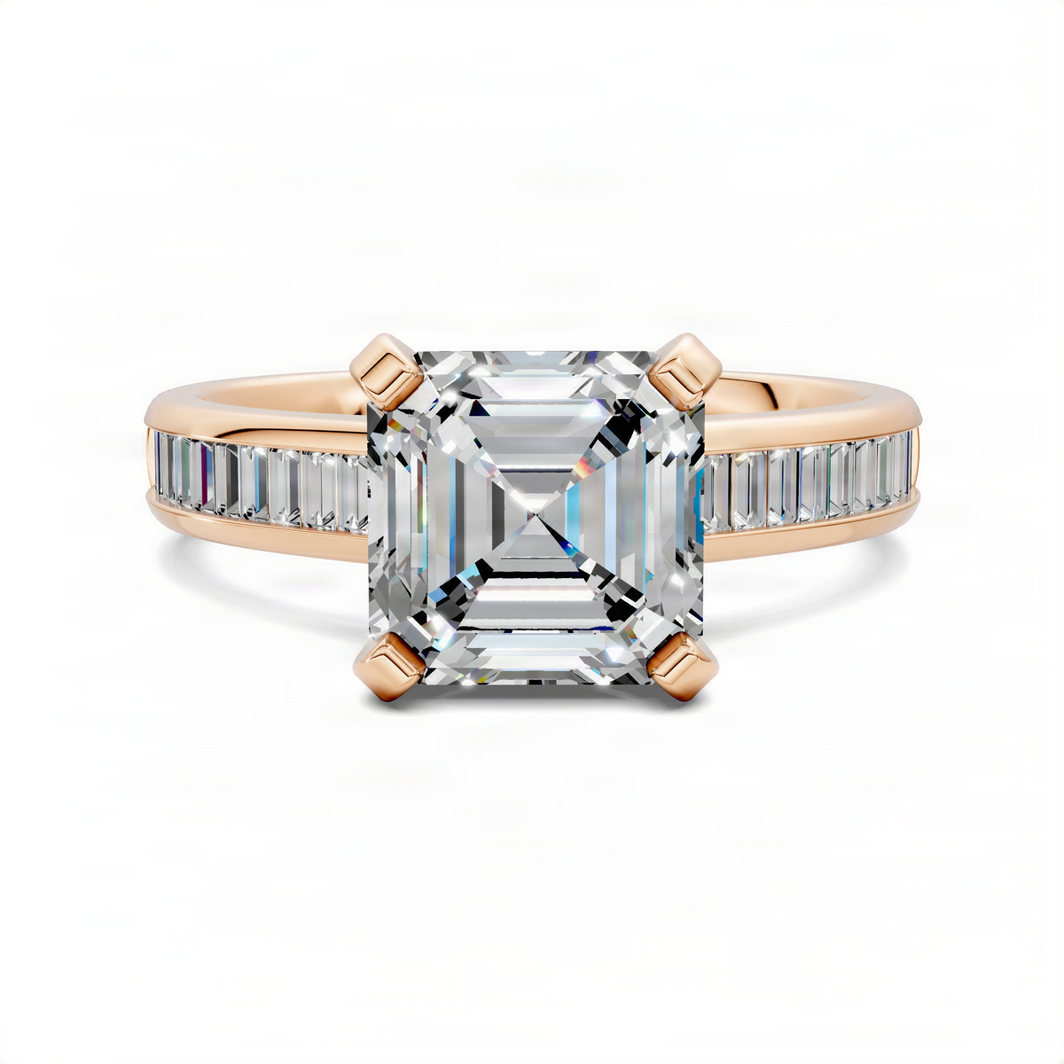 Asscher baguette channel ring in rose gold with square center stone and baguette sides