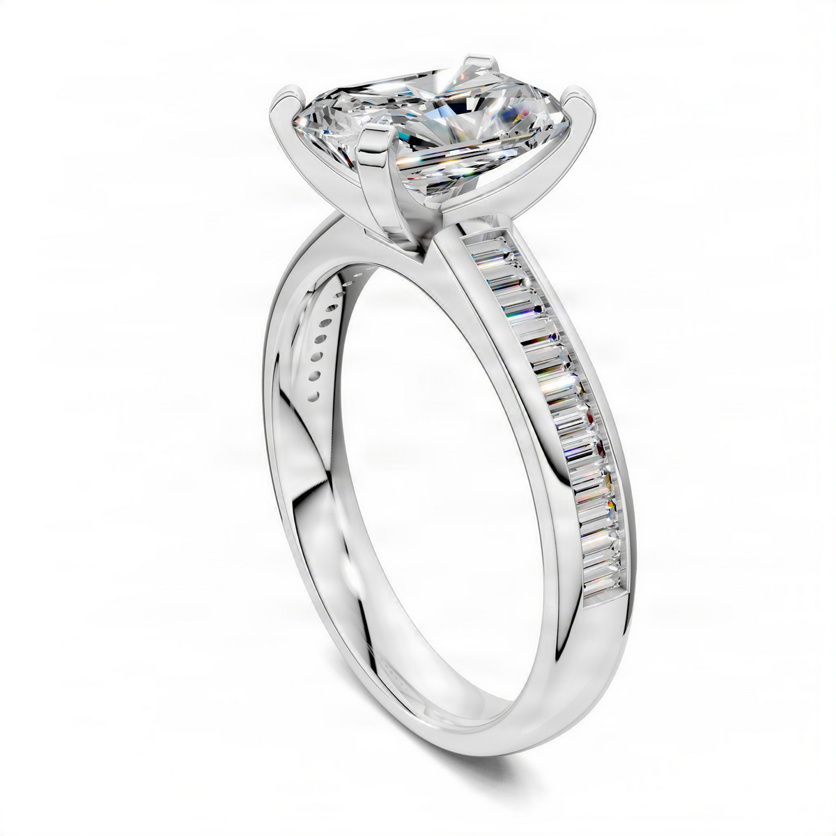 Opes Radiant baguette channel ring in white metal with square center diamond and side baguettes
