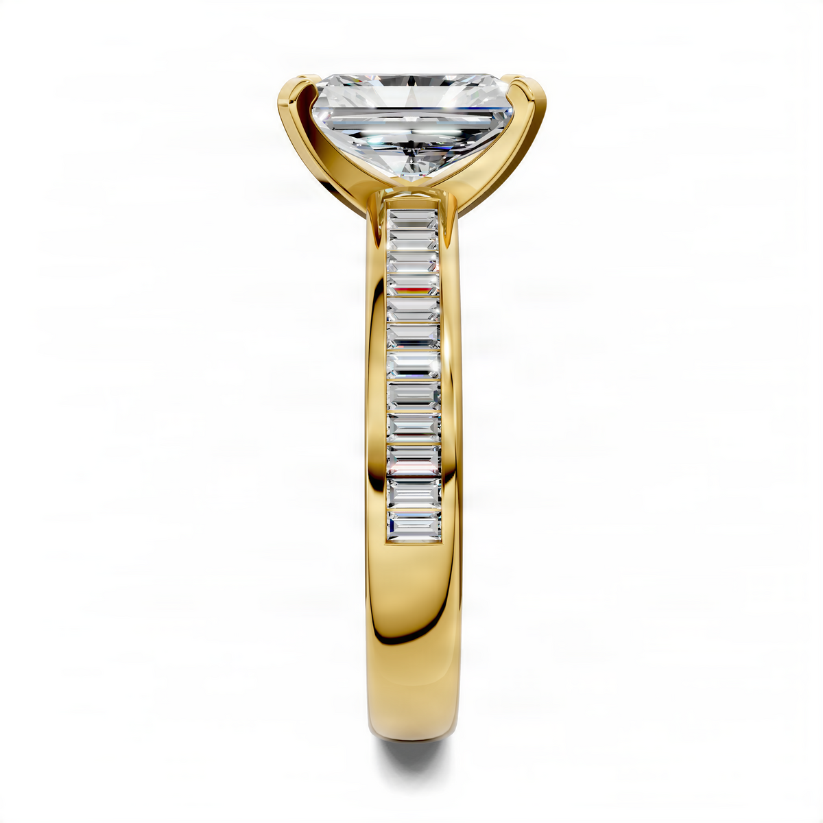 Opes Radiant baguette channel ring, yellow gold with large clear center stone