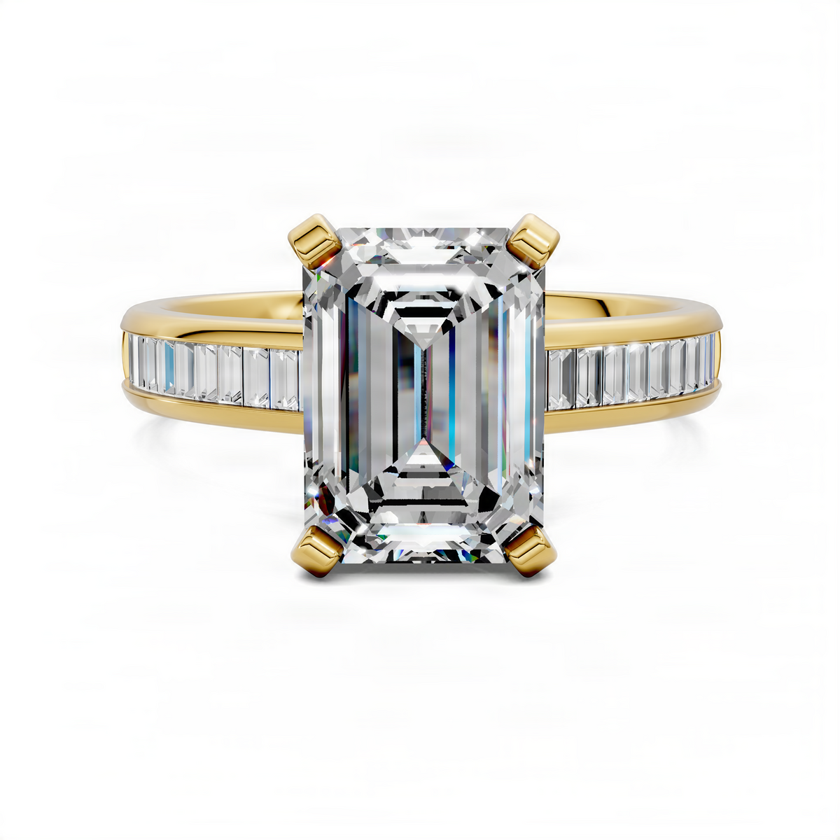Opes emerald-cut baguette channel ring in yellow gold with square center stone and side baguettes