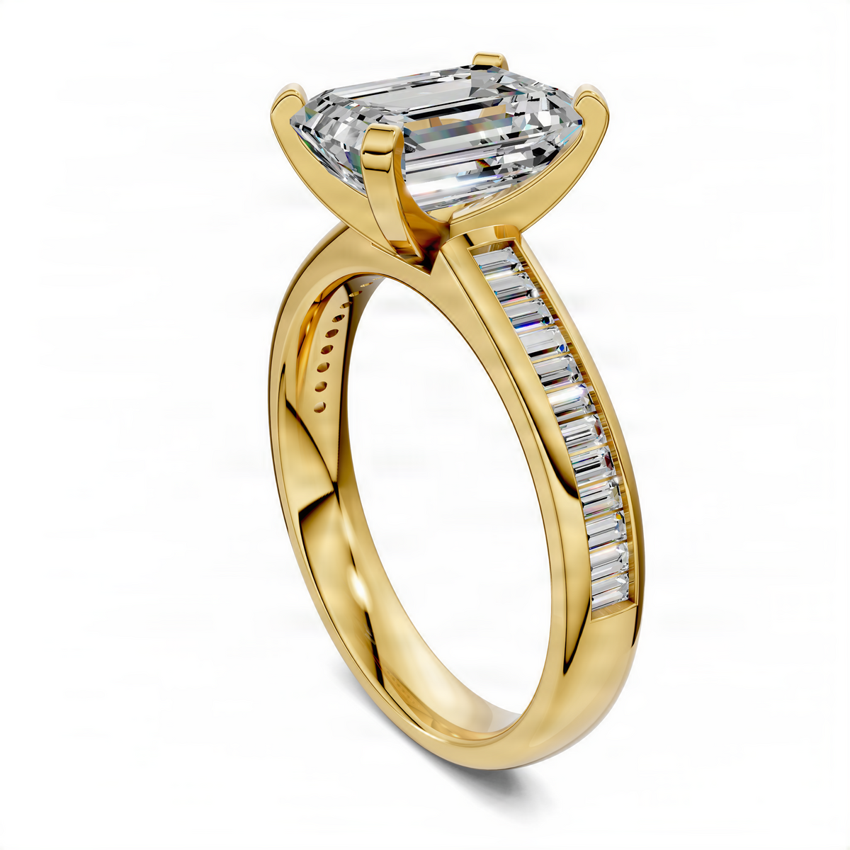 Opes emerald-cut baguette channel ring in yellow gold, side view of channel-set baguettes