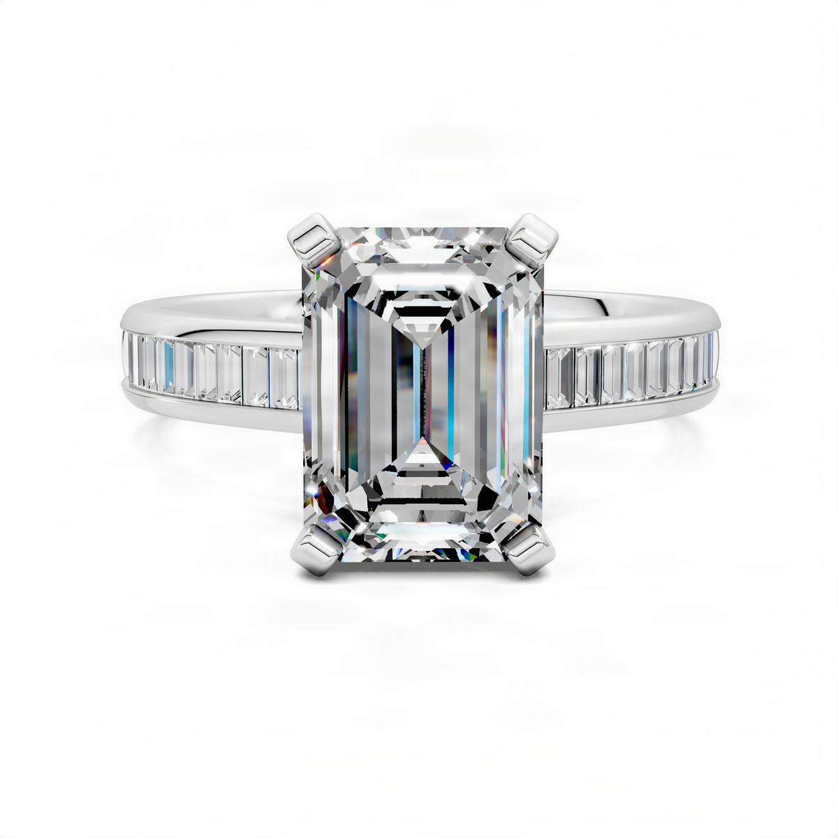 Opes emerald-cut baguette channel ring in platinum with square center stone and side baguettes