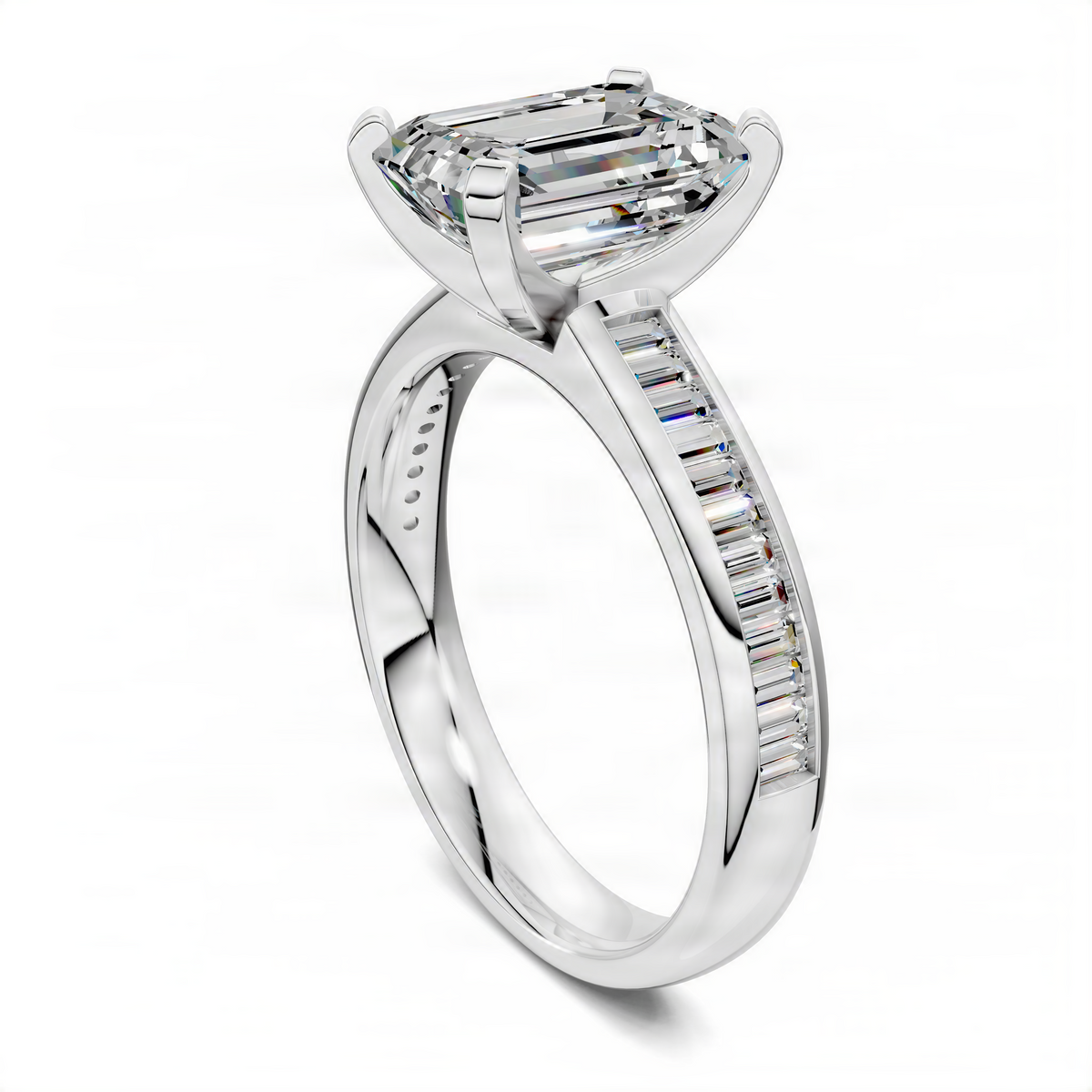 Opes emerald-cut baguette channel ring in platinum, side view with channel-set baguettes