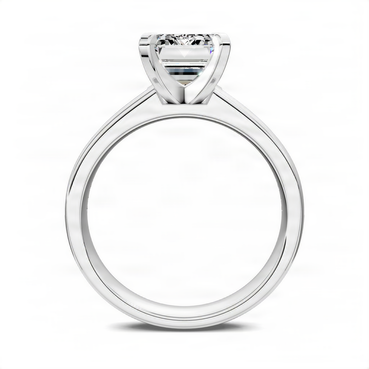 Opes emerald-cut baguette channel ring in platinum, front view of band and center stone