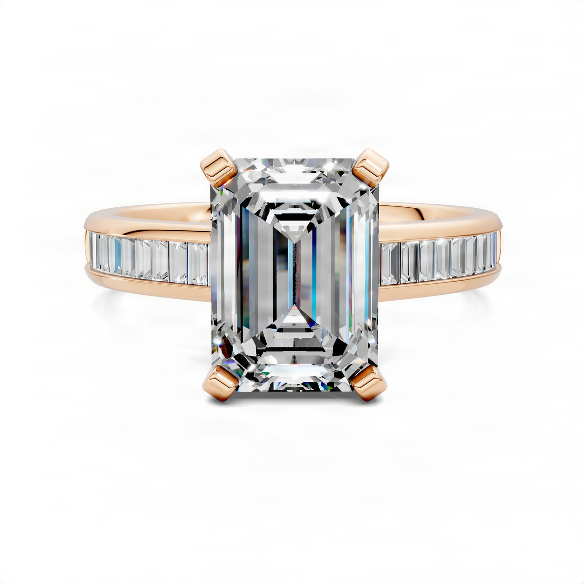Opes emerald-cut baguette channel ring in rose gold with square center stone and side baguettes
