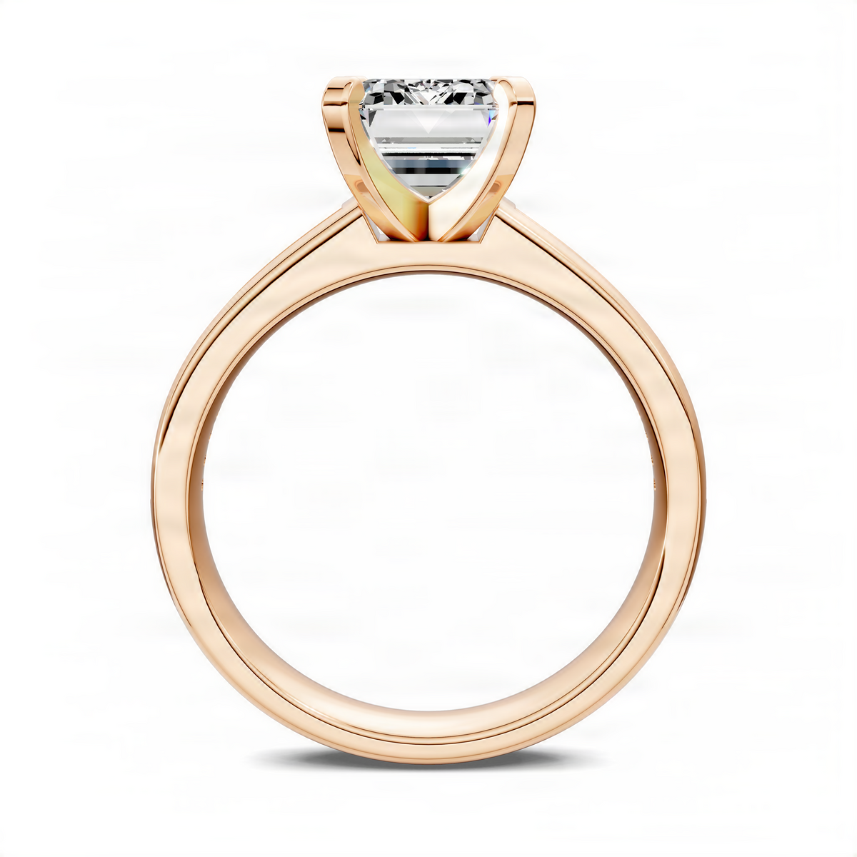 Opes emerald-cut baguette channel ring in rose gold, front view of band and center stone