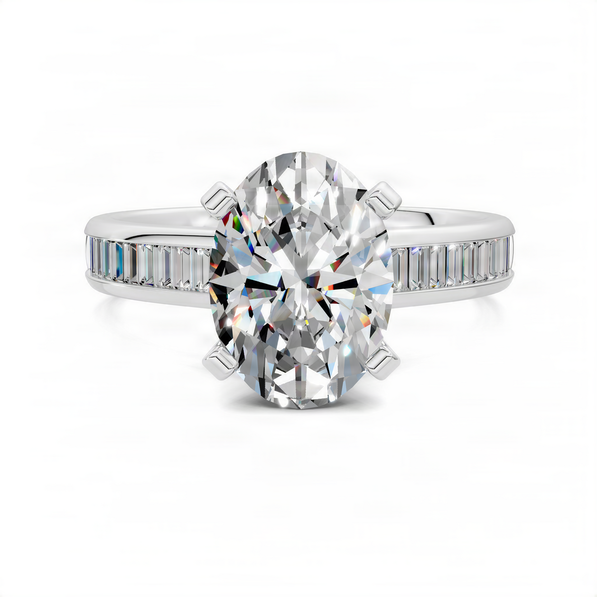 White gold ring with round center stone and channel-set baguette band