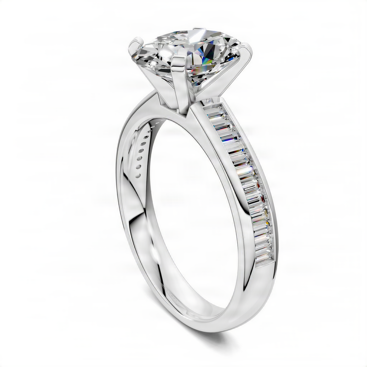 Platinum oval center ring with channel-set baguette side stones