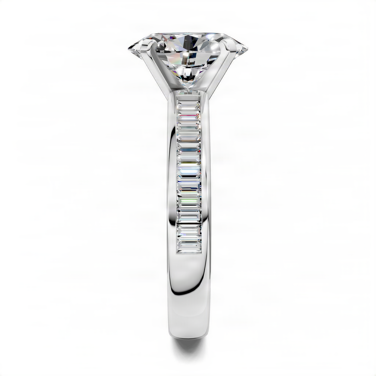 White gold oval center ring with channel-set baguette side stones