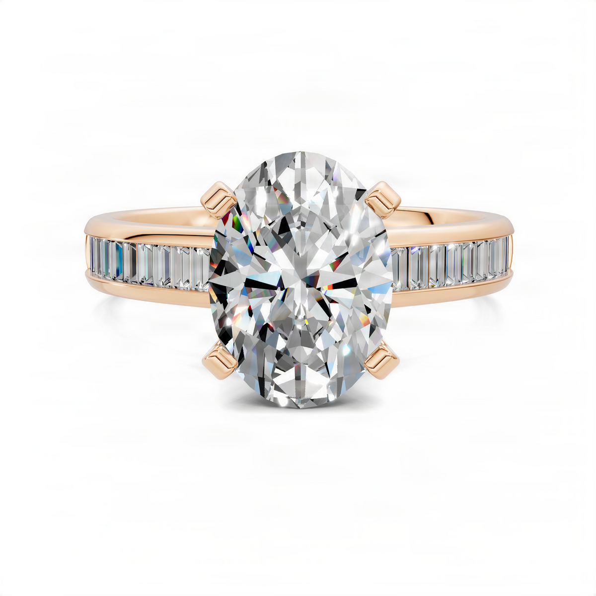 Rose gold oval center ring with channel-set baguette side stones
