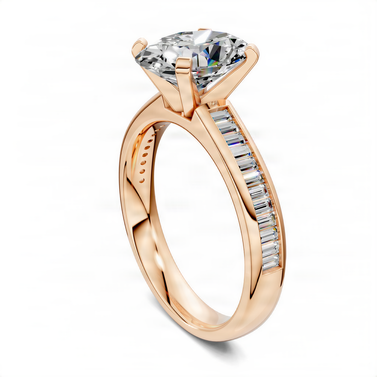 Rose gold oval center engagement ring with channel-set baguette side stones