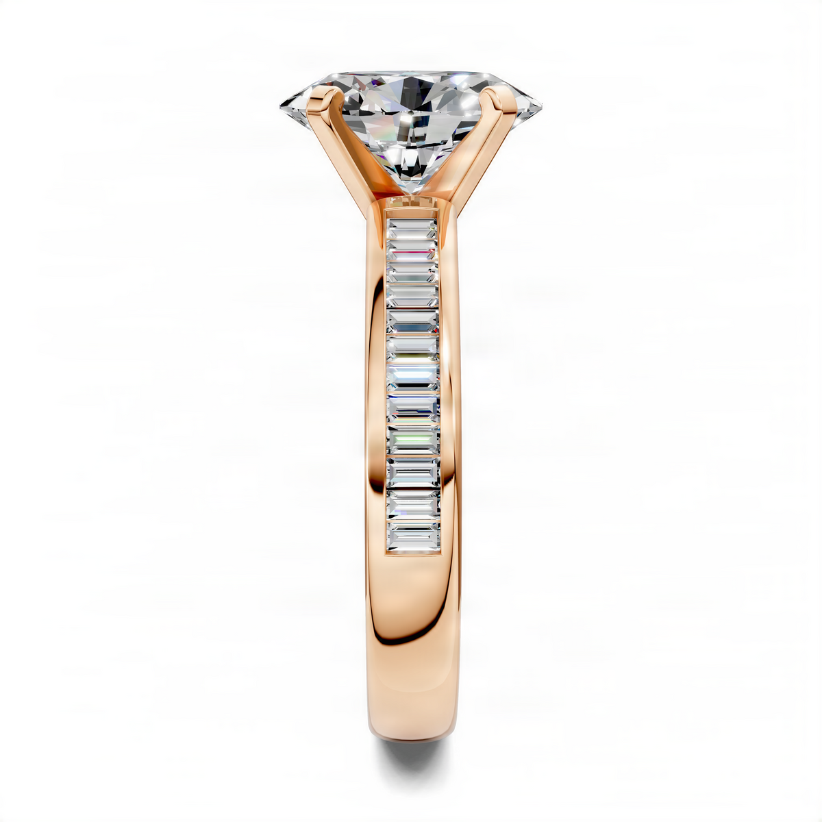 Rose gold oval center ring with channel-set baguette side stones