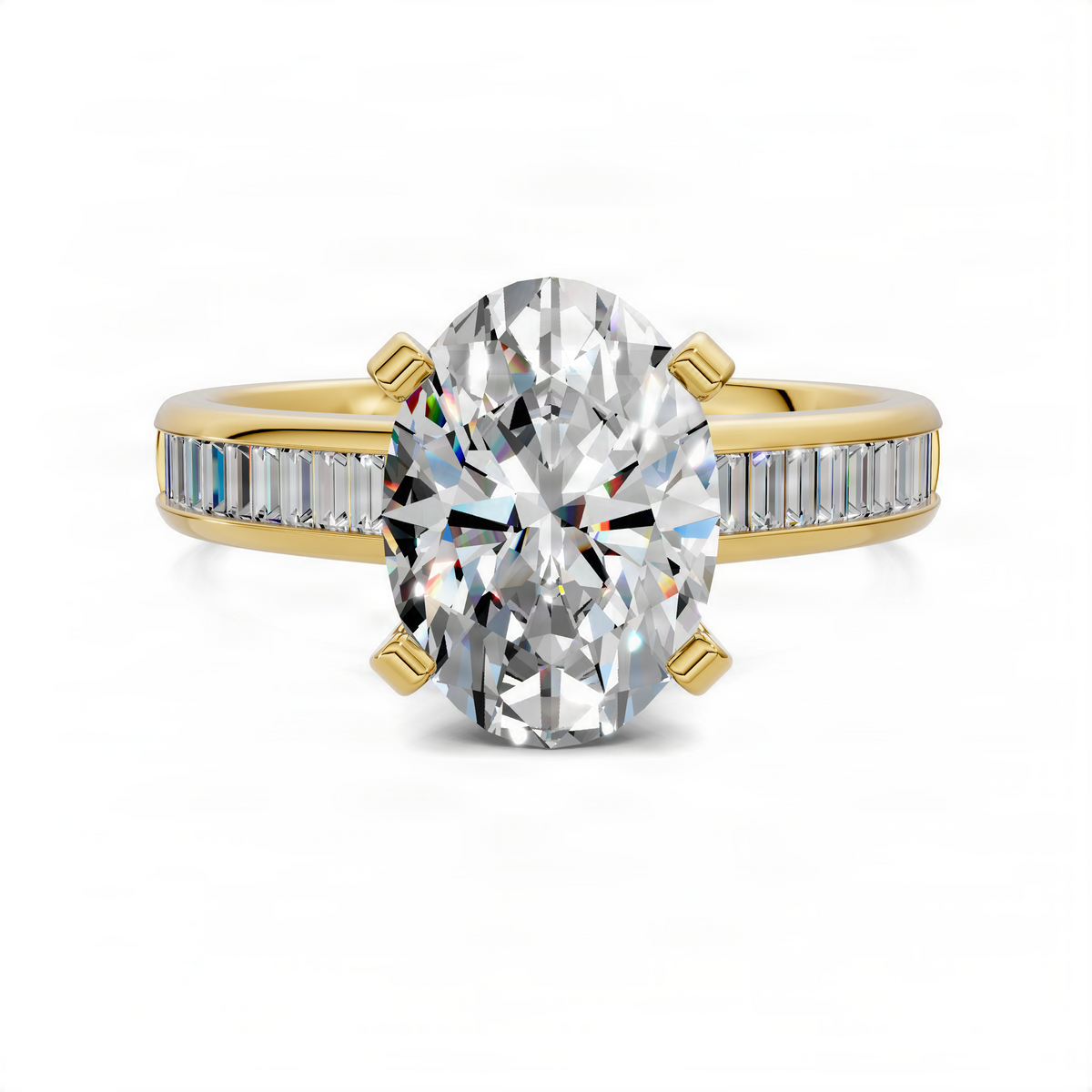 Yellow gold oval center ring with channel-set baguette side stones