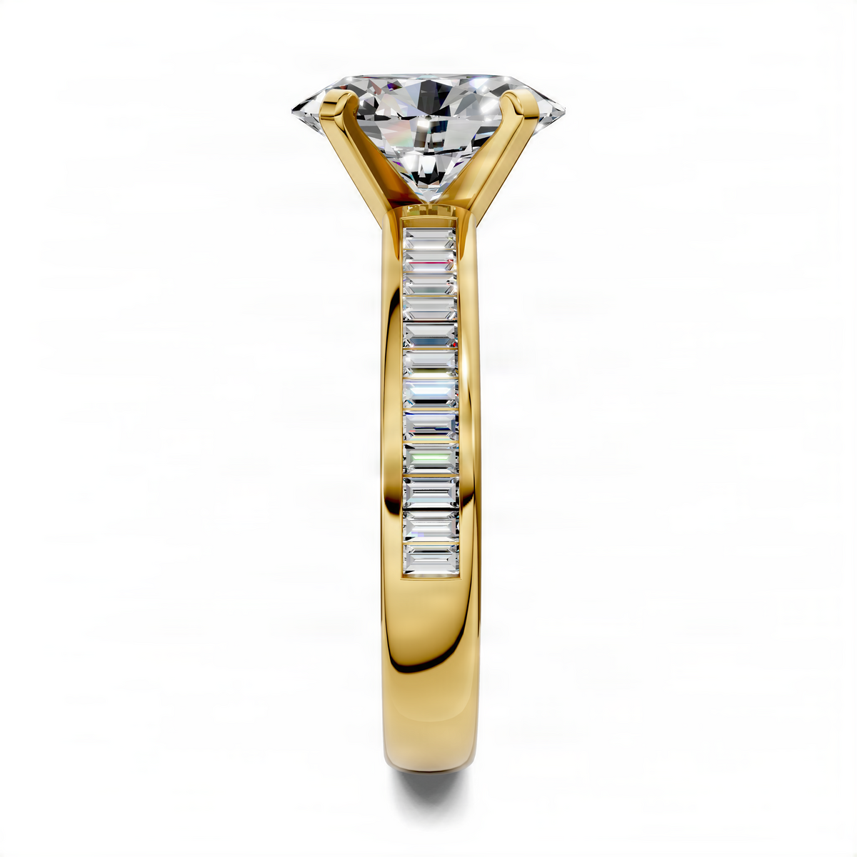 Yellow gold oval center ring with channel-set baguette side stones