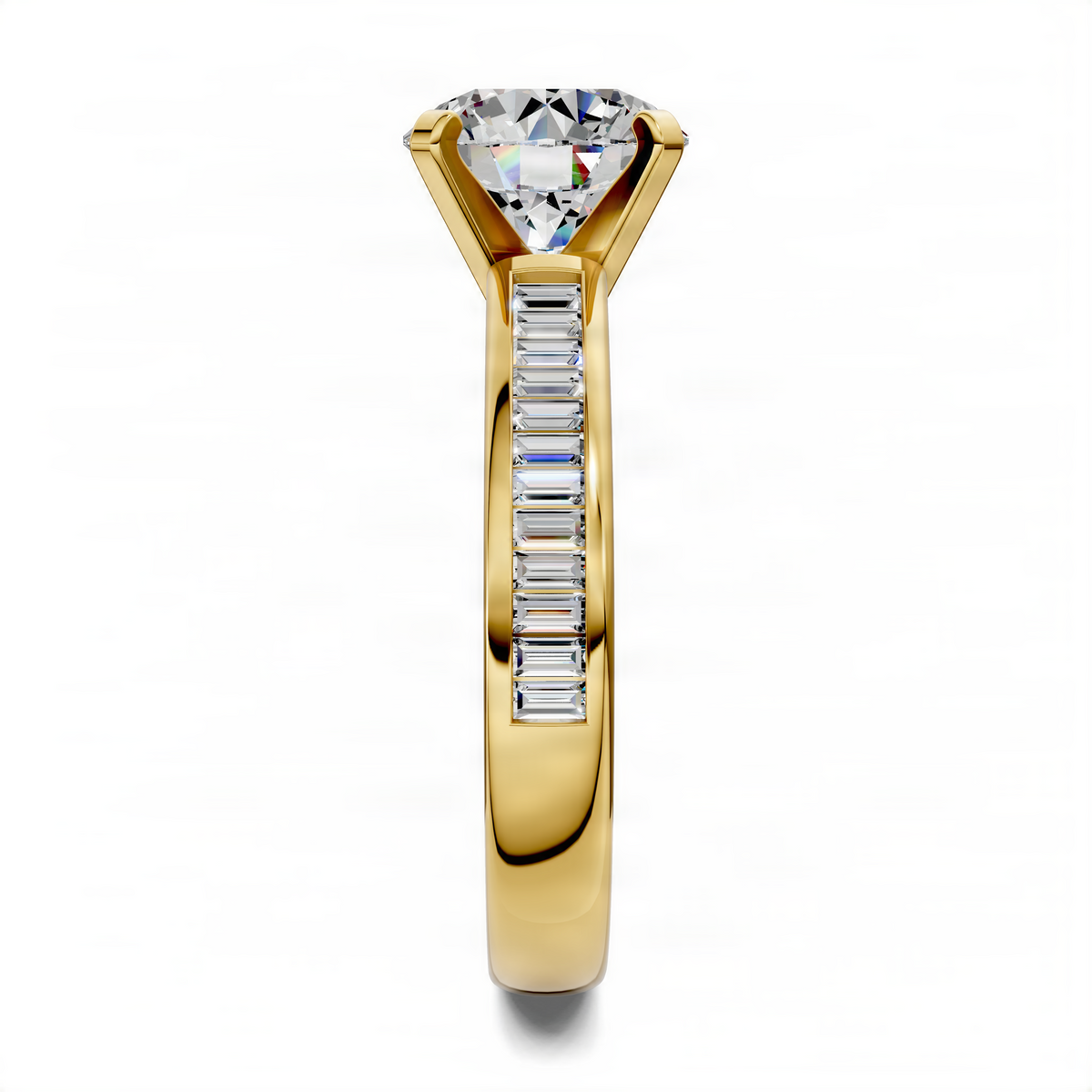 Yellow gold round center stone baguette channel ring with raised prong setting