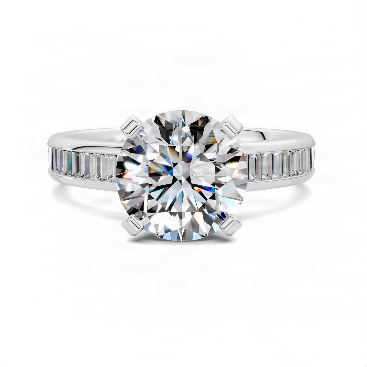 White gold round-cut center stone baguette channel ring with bar prongs